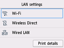 Zaslon Postavke za LAN: odaberite Wi-Fi